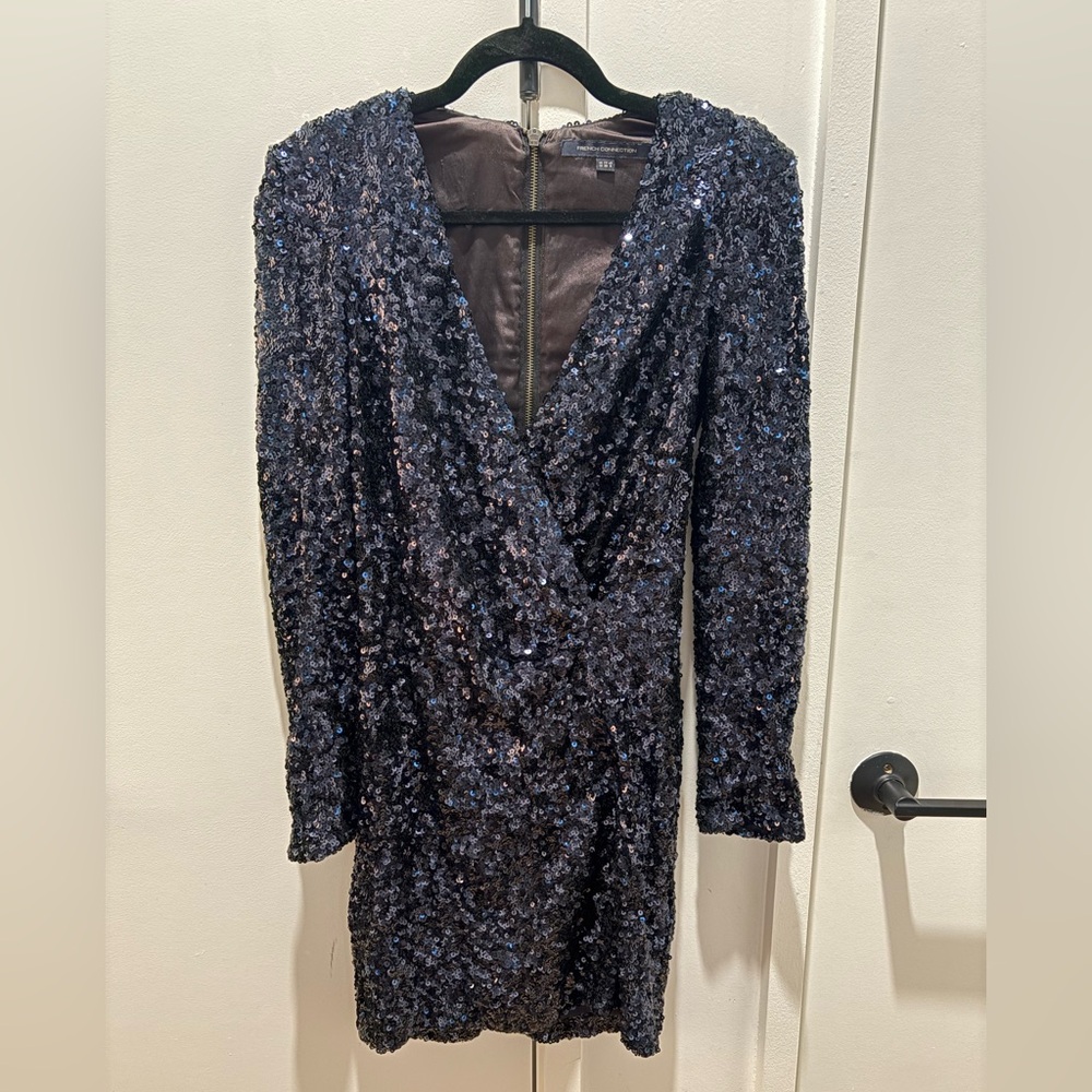 French Connection Navy Blue Sequin Deep V Dress UK 10 / US 6